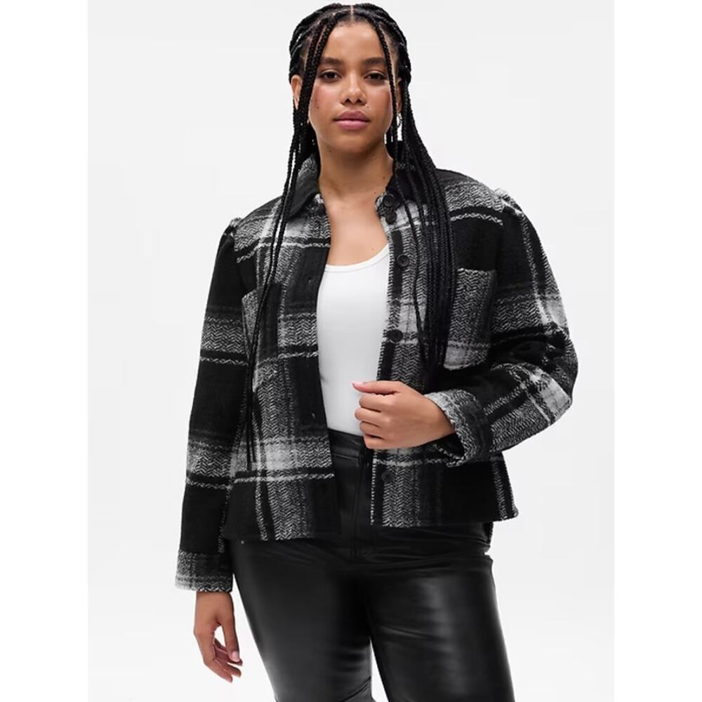 Gap Women's Puff Sleeve‎ Cropped Wool Shirt Jacket Shacket Black Gray Plaid NWT